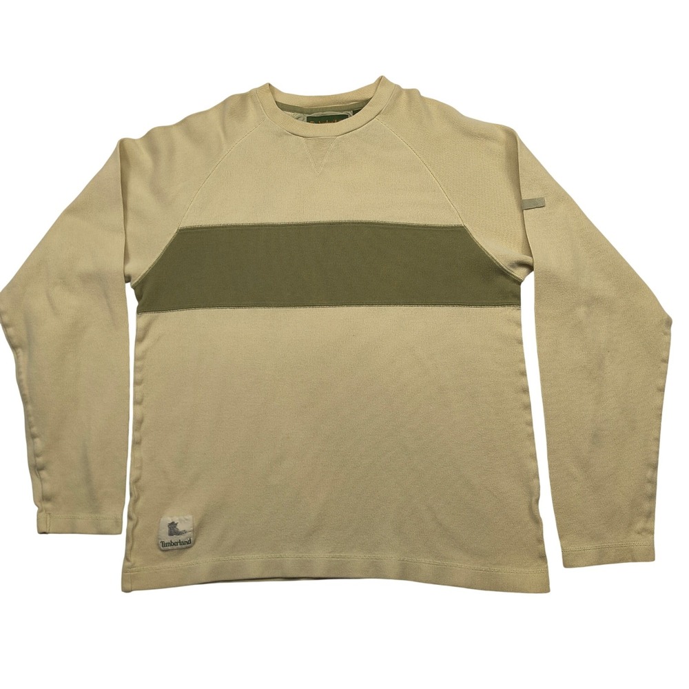 Timberland Mens Large Tan Olive Green Ribbed Long Sleeve Cotton Pullover Shirt